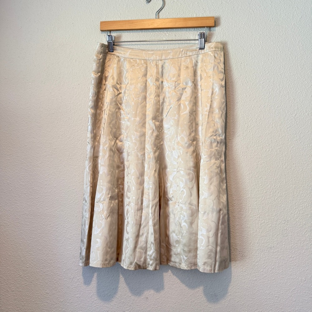 Chico's 100% Silk Champagne Floral Jacquard A-Line Midi Skirt Size 2 Lined